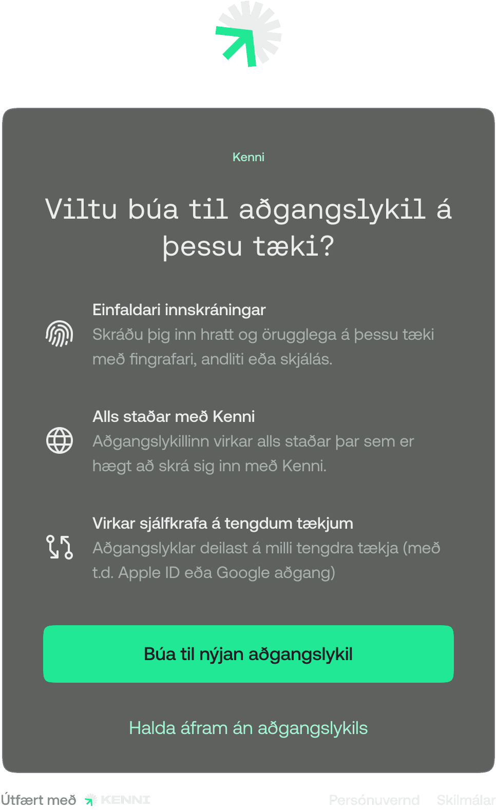 Skjáskot af innskráningar glugga